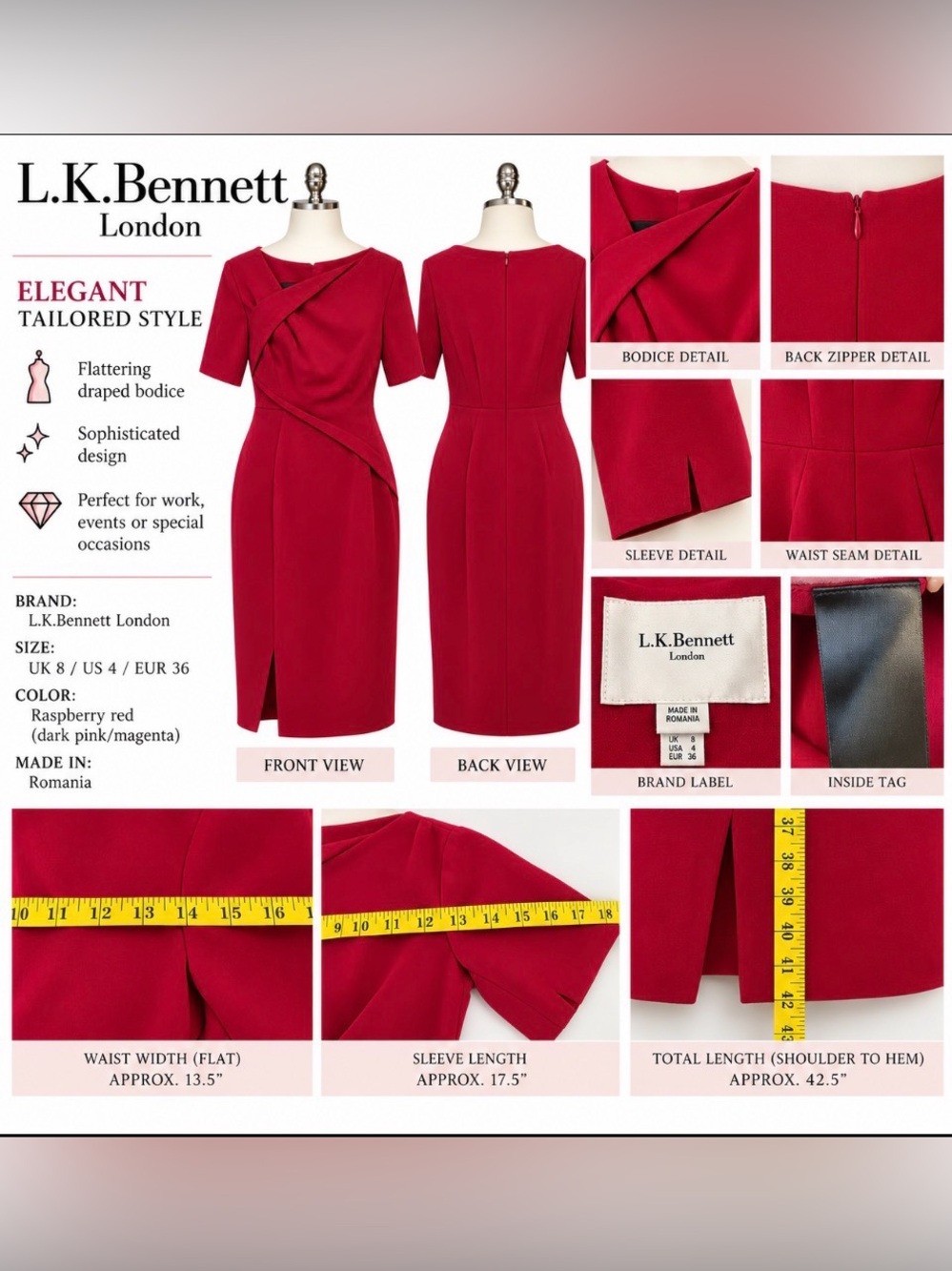 Beautiful L.K. Bennett London tailored sheath dress in raspberry/magenta.sz-4